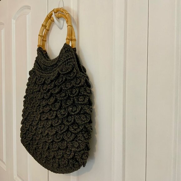 J. Crew Black Straw Hobo Bag Tote Double Bamboo Handles Large - Picture 3 of 9